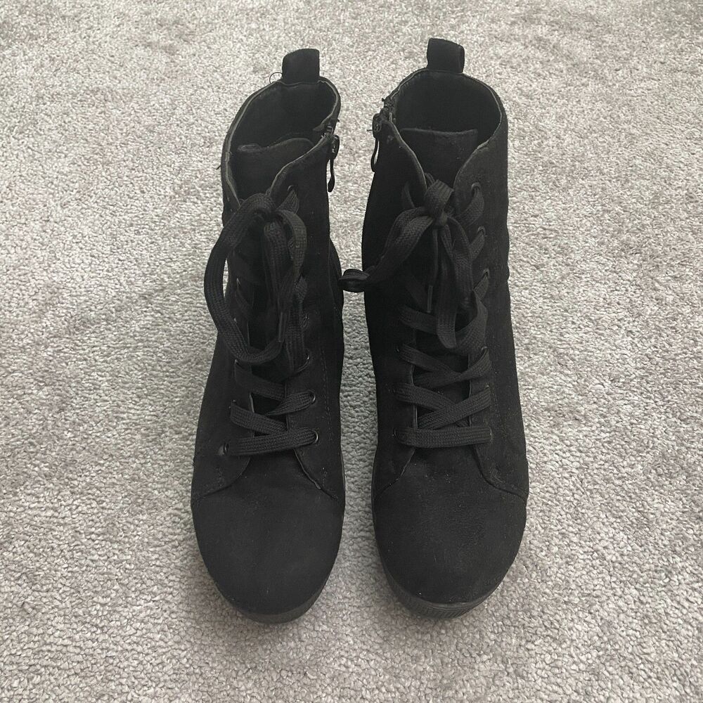 Weeboo Weslo Faux Suede Lace Up Ankle Combat Boot Shoes Women 8.5 Black Size Zip